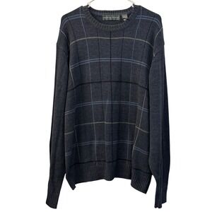 Oscar de la Renta Mens XL Navy Blue Plaid Cotton Blend Crew Neck Sweater Classic